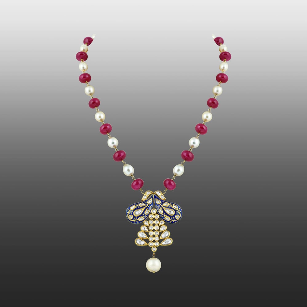Polki Pendant Necklace with Blue Enamel Pendant